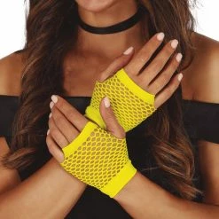 Wicked 1980's 80's Neon Short Mesh Gloves Yellow