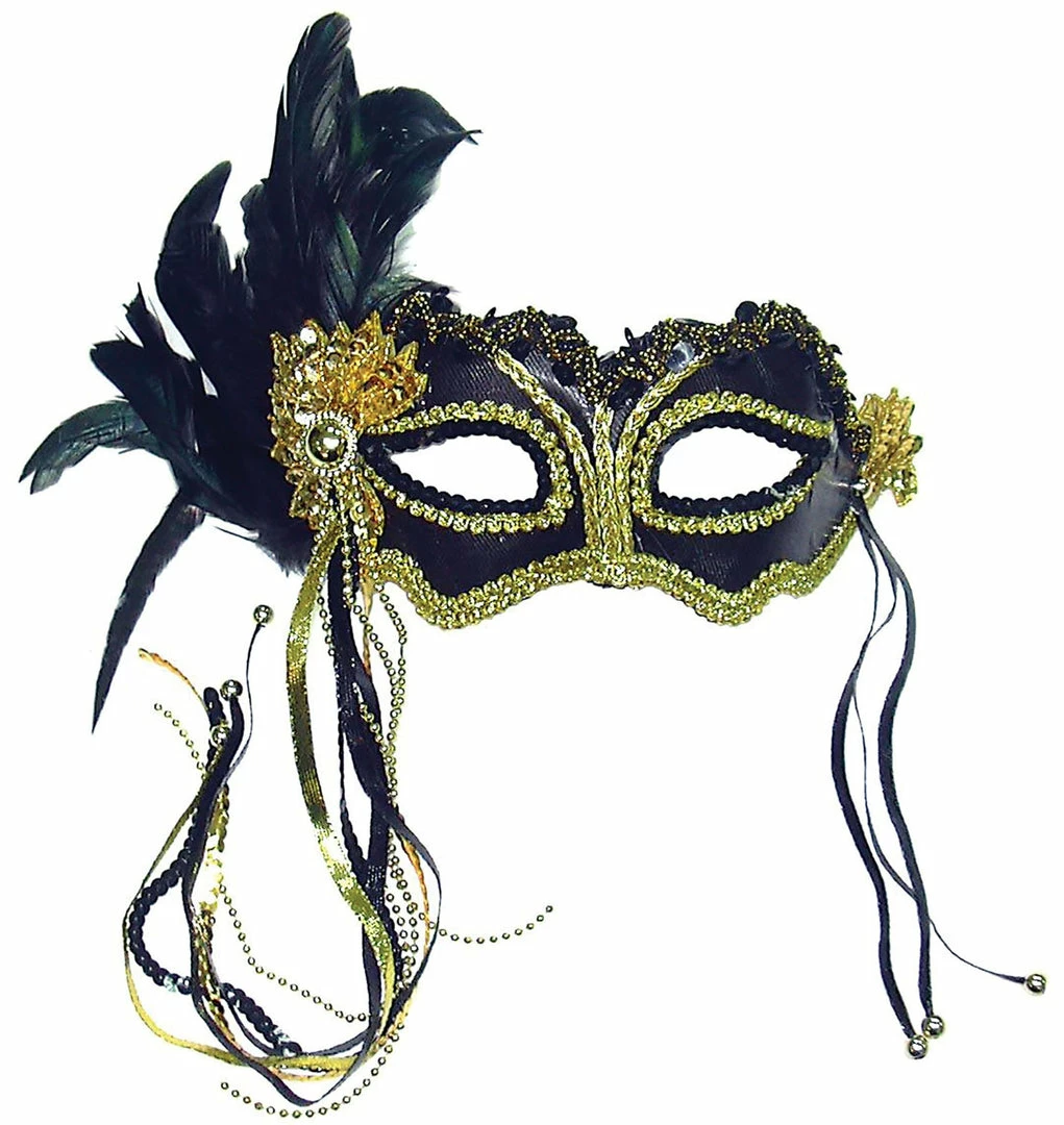 Bristol Black And Gold Satin Mask With Side Feathers