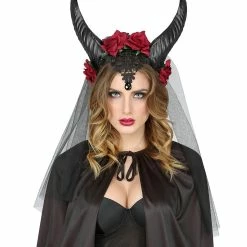 Widmann Bridal Veil With Horns Roses Lace Black Gem Halloween