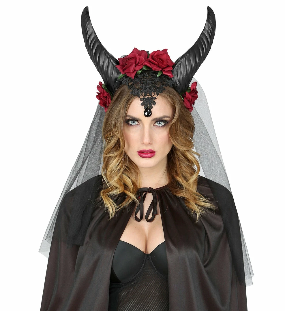 Widmann Bridal Veil With Horns Roses Lace Black Gem Halloween 4 Widmann Bridal Veil With Horns Roses Lace Black Gem Halloween