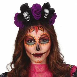 Fiestas Guirca Day Of The Dead Black And Lilac Flowers Tiara Halloween Accessories