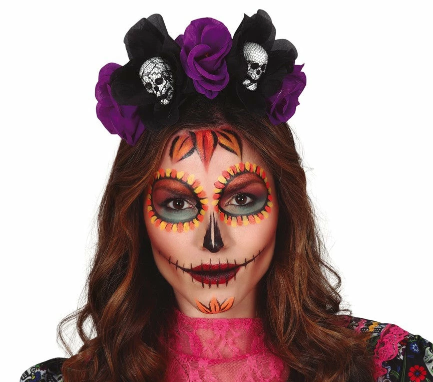 Fiestas Guirca Day Of The Dead Black And Lilac Flowers Tiara Halloween Accessories 3 Fiestas Guirca Day Of The Dead Black And Lilac Flowers Tiara Halloween Accessories