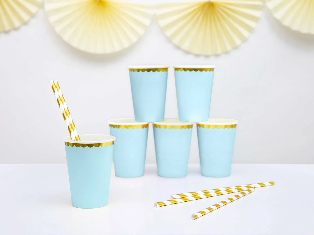 Partydecor Light Blue And Gold Trim Paper Cups Pk Of 6 6 Partydecor Light Blue And Gold Trim Paper Cups Pk Of 6