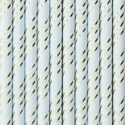 Partydecor Light Blue With Gold Metallic Stripe Paper Straws Party Decorations