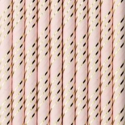 Partydecor Light Pink Paper Straws With Gold Metallic Stripe