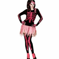 Fiestas Guirca Neon Pink Skeleton Costume Ladies Halloween
